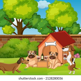 Dogs drinking wine in the garden illustration