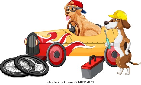 Dogs driving a car and dog fix the car on white background illustration