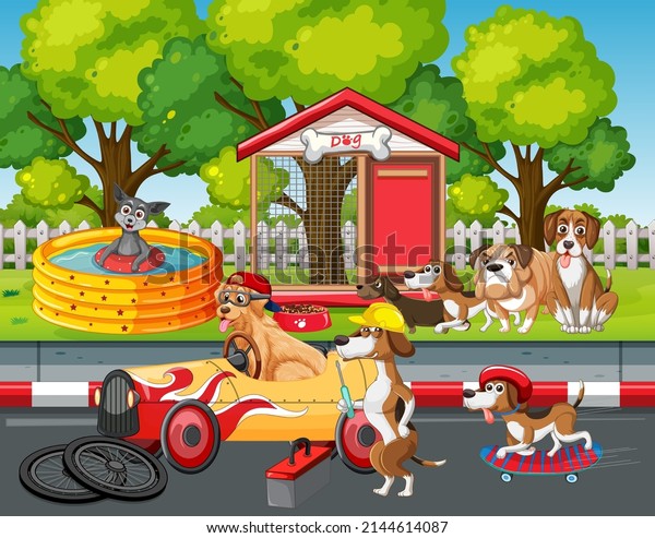 Dogs driving a car and dog fix the car on\
park background\
illustration