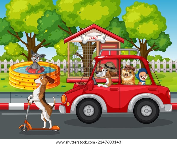 Dogs driving a car and dog playing scooter\
on park background\
illustration