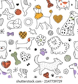 Dogs and elements seamless pattern. Linear graphic. Scandinavian minimalist style.