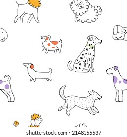 Dogs and elements seamless pattern. Linear graphic background. Scandinavian minimalist style. Vector illustration.