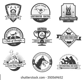 Dogs emblem black set with show and championship awards isolated vector illustration