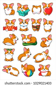 Dogs emoji stickers,patches collection.Vector set illustration. Cartoon Corgi. Welsh corgi. Cute Welsh Corgi Pembroke cartoon set. Cute dog breed welsh corgi. Flat style. The dog is a symbol of 2018