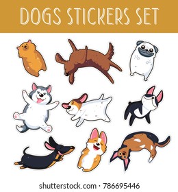 Dogs emoji stickers,patches collection.Vector set illustration. Pomeranian Spitz, English setter, Mops, Pug, 
Husky, Jack Russell Terrier, Boston Terrier, Dachshund, German badger-dog, Corgi, Doberman