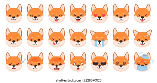 Dogs emoticons. Dog character face showing expressions and emotions, kawaii anime puppy emoji angry sad happy nap cry wink cute pet expression, ingenious animal vector illustration of dog pet cartoon