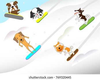 Dogs are enjoying snowboarding.

