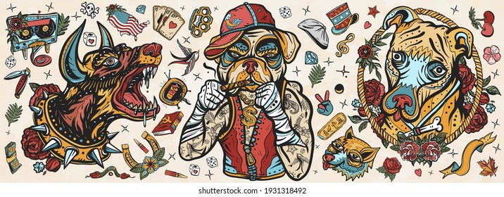Dogs  Evil doberman  street crime boxer bulldog  honey staffordshire terrier  Canine art  Old school tattoo vector collection  Traditional tattooing style  Cartoon character 