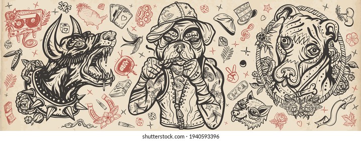 Dogs  Evil doberman  street crime boxer bulldog  honey staffordshire terrier  Canine art  Old school tattoo vector collection  Traditional tattooing style  Cartoon animals character 