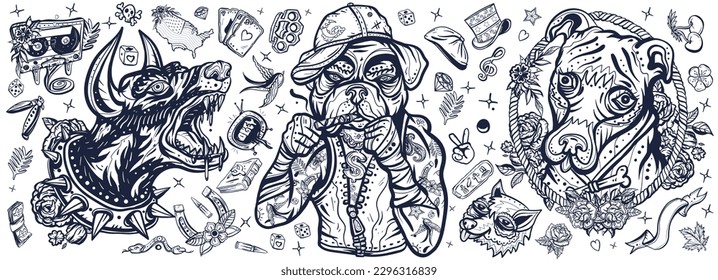 Dogs  Evil doberman  street crime boxer bulldog  honey staffordshire terrier  Canine art  Old school tattoo vector collection  Traditional tattooing black   white style