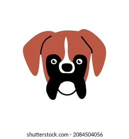 Los perros se enfrentan a un avatar. La adorable cabeza de cerdo. Retrato animal canino de cachorro boxer gracioso. Atractivo bozal de gotas. Hocico de mascotas con orejas volcánicas. Ilustración vectorial plana aislada en fondo blanco