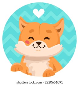 Dogs face icon. Hand drawn vector cartoon illustration with funny happy Akita Inu puppy in circle avatar with heart. Isolated on white.