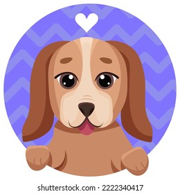Dogs face portrait. Hand drawn vector cartoon illustration with funny happy puppy in circle avatar with heart. Isolated on white.