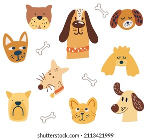 Dogs face set. Cartoon dog or puppy characters design collection. Adorable Funny pet animals. Perfect for kids design, fabric, packaging, wallpaper, textiles, clothing. Vector illustration