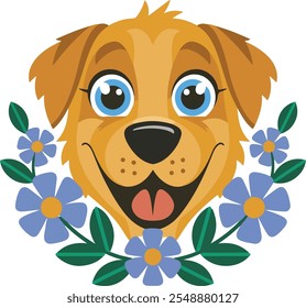 dog's face is surrounded by simple blue flowers with green leaves 2D flat illustration