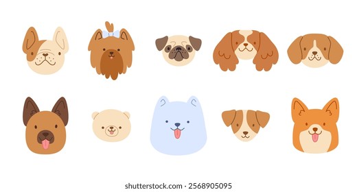 Dogs faces cute set. Flat vector collection of pets faces. Different breeds bundle.