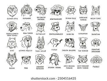 Dogs faces different breeds with trendy glasses line illustrations set