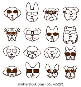 dogs faces with glasses set