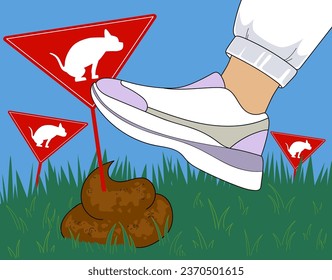 Dogs' feces problem. The risk of stepping in the dog poop. Danger signs. Motivation flyer, banner. Vector illustration.