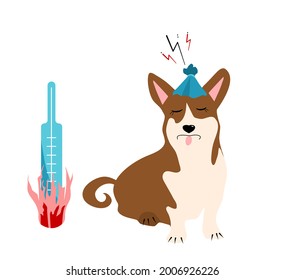 Dog`s fever symptoms.Infographic icons with thermometer.High temperature.Cooling compress.Canine healthcare.Veterinary banner.Shivering,warm nose and ears,red eyes.Animal disease.Vector.Flat style