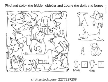 Perros. Encuentra y colorea los objetos ocultos y cuenta los huesos, perros. Colorido de la página. Juego.  Rompecabezas educativo para los niños. Esbozo Ilustración lineal del vector