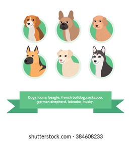 Dogs flat icons set, french bulldog cockapoo beagle german shepherd labrador husky. Kids vector illustration, pattern. Comic cartoon dog head in circle. Beige, orange, brown, black and white Pets. 