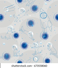 Dogs flying in space in helmets and in a rocket in blue, white and gray colors a seamless pattern on a light gray background.
