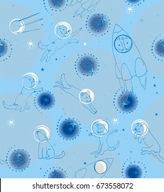 Dogs flying in space in helmets and in a rocket in blue, white and gray colors a seamless pattern on a light blue background.