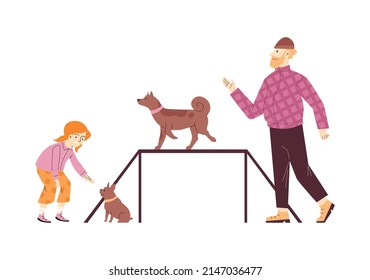 Dogs follow the commands of their owners on special equipment. Teaching dogs the correct behavior, flat cartoon vector illustration isolated on white background.