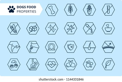 Dog's food properties icon set, vector. Thine line icons. Editable lines, EPS 10. Veterinarian properties.