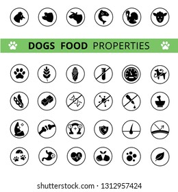 Dog's food properties icon set, vector. Thine line icons. Editable lines, EPS 10. Veterinarian properties. Meat symbols: fish, chicken, turkey, lamb and beef icons