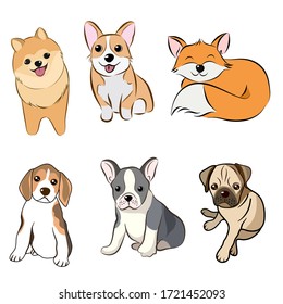 Dogs Free Hand Drawing collection in Vector illustration of funny cartoon different breeds dogs in trendy flat style. Isolated on white.