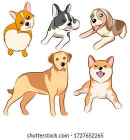 Dogs Free Hand Drawing collection in Vector illustration of funny cartoon different breeds dogs in trendy flat style. Isolated on white.
