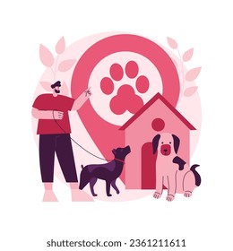 Dibujo de vector de concepto abstracto de lugar amigable para perros. Restaurante acogedor para perros, área especial para caminar gratis para perros, cartel de bienvenida, hotel que acepta animales, compras con metáfora abstracta de mascotas.