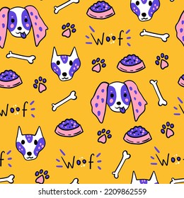 Dogs funny doodle seamless pattern. Colorful seamless background with adorable dogs heads in 90s 00s cartoon style for pet shop, veterinary, packaging, kids, textile, greeting, wallpaper