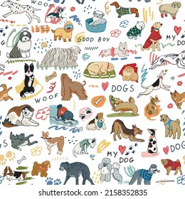 Dogs funny pets vector seamless pattern