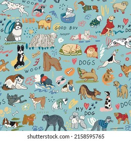 Dogs funny pets vector seamless pattern