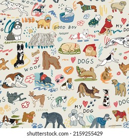 Dogs funny pets vector seamless pattern