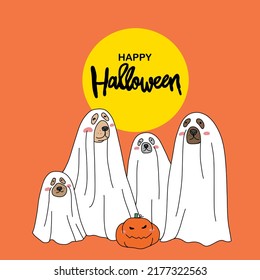 Dogs In Ghost Halloween Costume , Happy Halloween Cartoon Vector Illustration