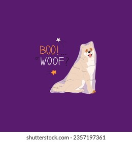 Dogs in ghost Halloween costume  Happy Halloween vector illustration  Hand drawn funny lettering  Ideal for holiday cards  decorations  invitations   stickers
