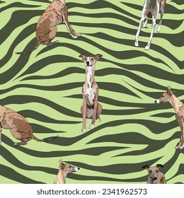 Dogs green fabric. Elegant, soft seamless background, abstract pattern with whippet illustrations for Dog Lovers. Birthday present wrapping paper. Cartoon Mongrel dogs in a playing dog pose.