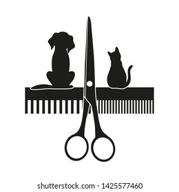 Dogs grooming and cats. comb and scissors. Icon, symbol, logo, banner for animals salon.