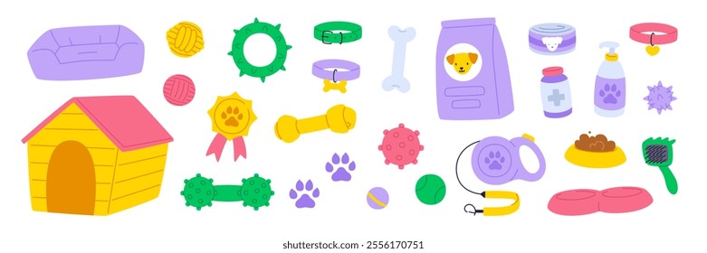 Dogs grooming supplies set. Flat vector dogs accessories collection. Cartoon pet goods bundle.