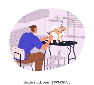 Dogs haircut, hairstyle at grooming salon. Groomer cutting canine hair with scissors, styling doggies coat. Professional pet care service. Flat vector illustration isolated on white background