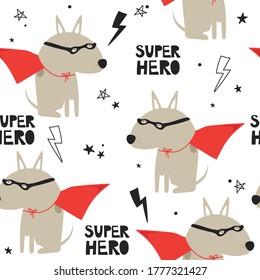 Dogs, hand drawn backdrop. Colorful seamless pattern with animals, stars, lightnings. Decorative cute wallpaper, good for printing. Overlapping background vector. Design illustration, super hero