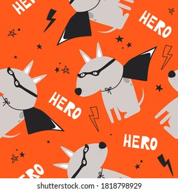 Dogs, hand drawn backdrop. Colorful seamless pattern with animals, stars, lightnings. Decorative cute wallpaper, good for printing. Overlapping background vector. Design illustration, super heroes