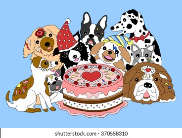 dogs happy birthday party with big cake, hand drawn vector illustration design