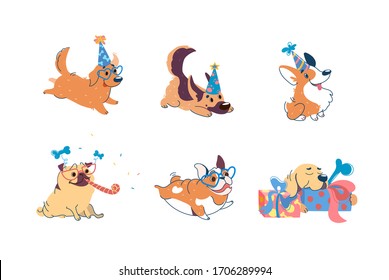 Dogs have a birthday. Puppies of different breeds at a party: Labrador, Corgi, German Shepherd, Pug, American Bulldog, Retriever. On dogs caps, glasses. Set in cartoon style for  design of party.