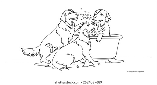 dogs having a bath together continuous single line art drawing sketch on white background