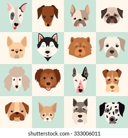 Dogs head icon set, vector flat illustrations. Popular dogs breeds, card, game graphics. Fun seamless pattern for baby. Happy animals background. Cartoon style